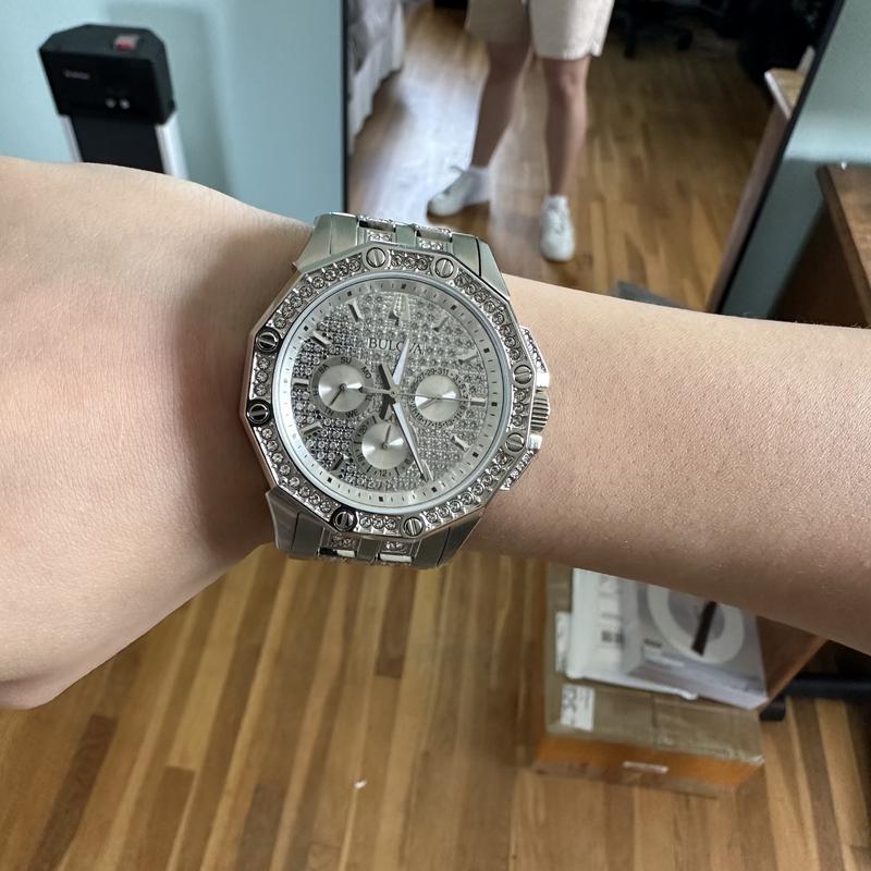  Shop Authentic Bulova Crystal Collection Pave Silver Dial with Crystals Silver Steel Strap Watch for Men - 96C134 - Luxxuri