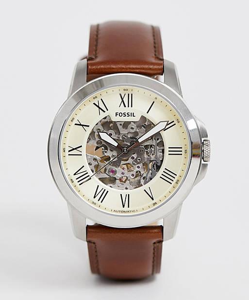  Shop Authentic Fossil Grant Automatic Beige Skeleton Dial Brown Leather Strap Watch for Men - ME3099 - Luxxuri