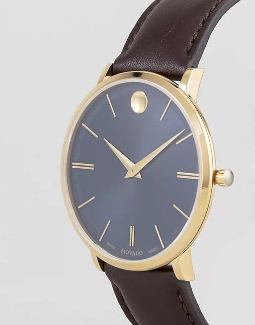  Shop Authentic Movado Ultra Slim Blue Dial Brown Leather Strap Watch For Men - 0607088 - Luxxuri