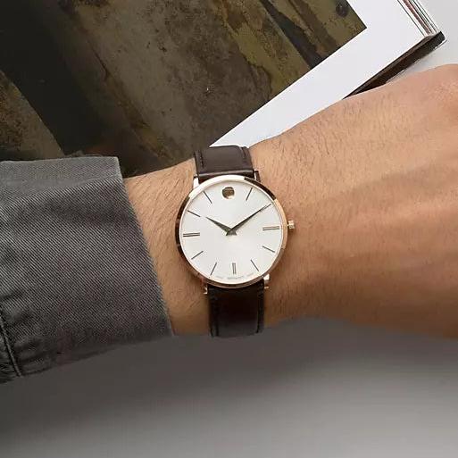  Shop Authentic Movado Ultra Slim White Dial Brown Leather Strap Watch For Men - 0607089 - Luxxuri