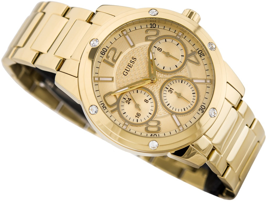  Shop Authentic Guess Crystal Multifunction Gold Dial Gold Steel Strap Watch for Women - W0778L2 - Luxxuri