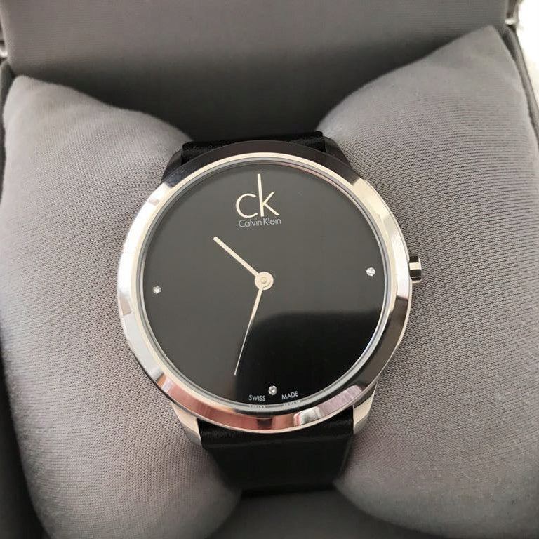  Shop Authentic Calvin Klein Minimal Diamonds Black Dial Black Leather Strap Watch for Men - K3M211CS - Luxxuri