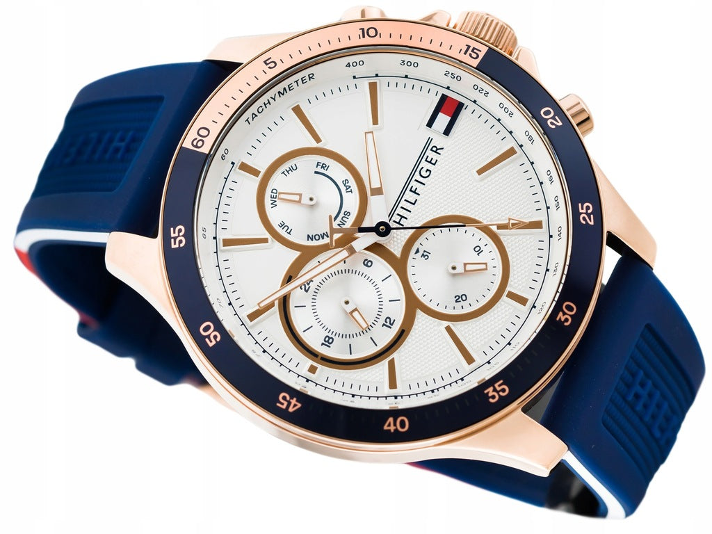  Shop Authentic Tommy Hilfiger Bank Multifunction Quartz White Dial Blue Rubber Strap Watch for Men - 1791778 - Luxxuri
