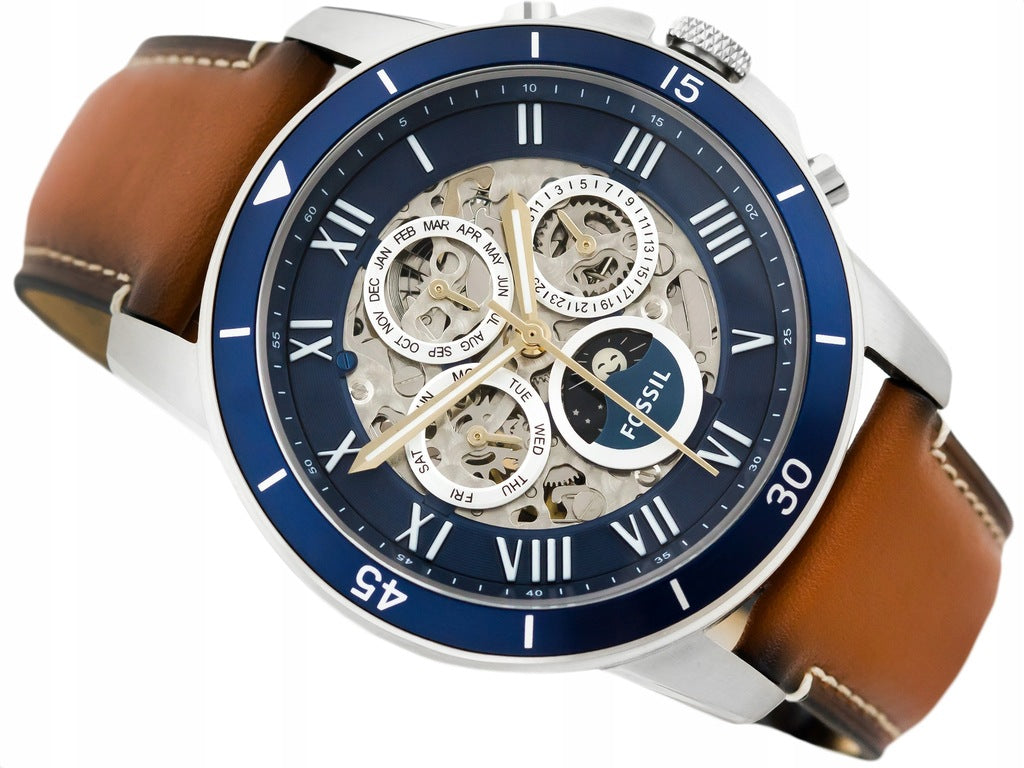  Shop Authentic Fossil Grant Sport Automatic Skeleton Blue Dial Brown Leather Strap Watch for Men - ME3140 - Luxxuri