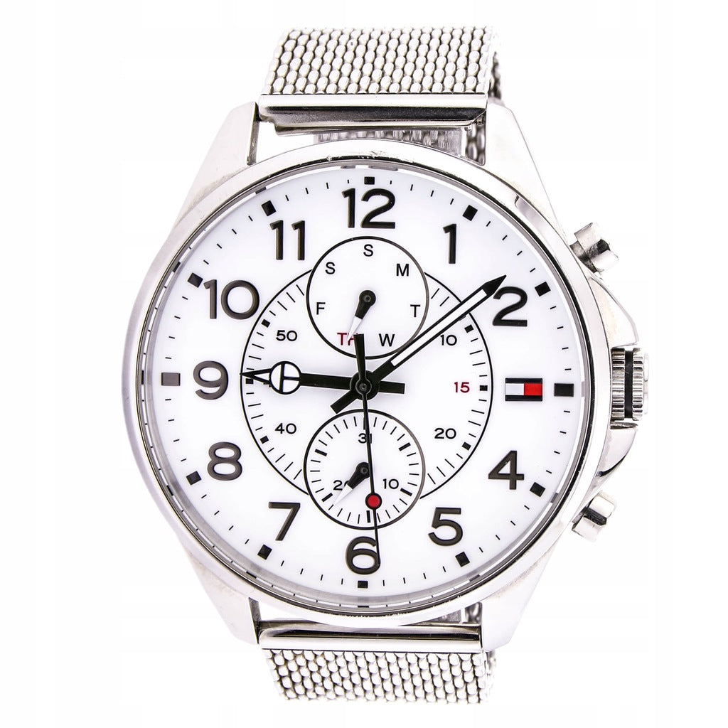  Shop Authentic Tommy Hilfiger Dean Chronograph White Dial Silver Mesh Bracelet Watch for Men - 1791277 - Luxxuri
