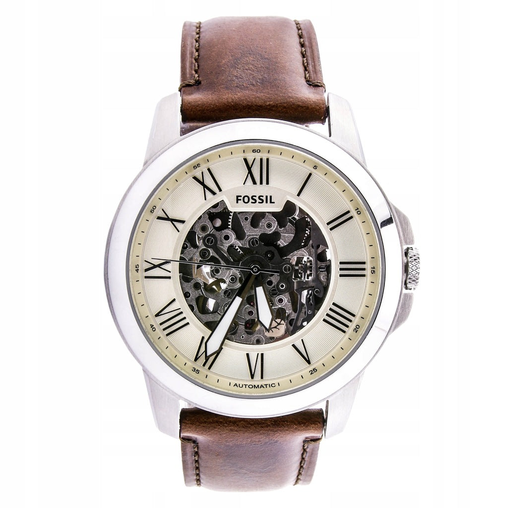  Shop Authentic Fossil Grant Automatic Beige Skeleton Dial Brown Leather Strap Watch for Men - ME3099 - Luxxuri