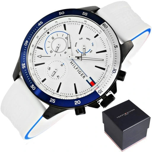  Shop Authentic Tommy Hilfiger Bank Chronograph White Dial White Rubber Strap Watch for Men - 1791723 - Luxxuri