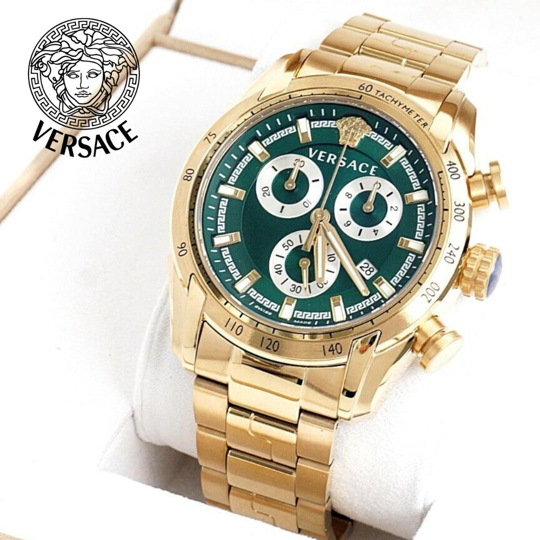  Shop Authentic Versace V-Ray Chronograph Quartz Green Dial Gold Steel Strap Watch For Men - VE2I00621 - Luxxuri