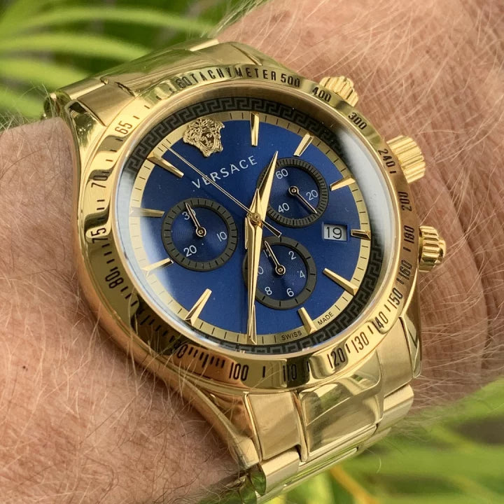  Shop Authentic Versace Classic Chronograph Quartz Blue Dial Gold Steel Strap Watch For Men - VEV700619 - Luxxuri
