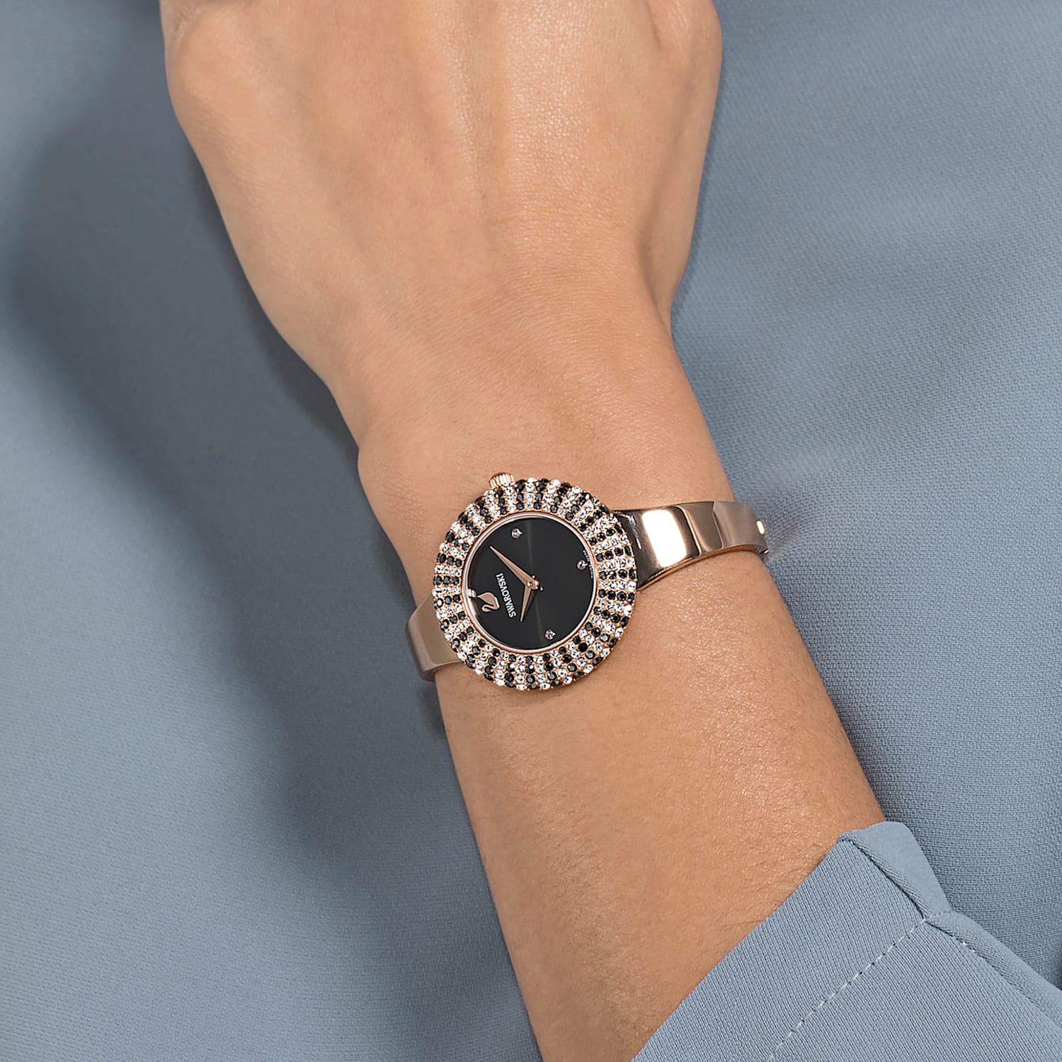  Shop Authentic Swarovski Crystal Rose Black Dial Silver Steel Strap Watch for Women - 5484076 - Luxxuri
