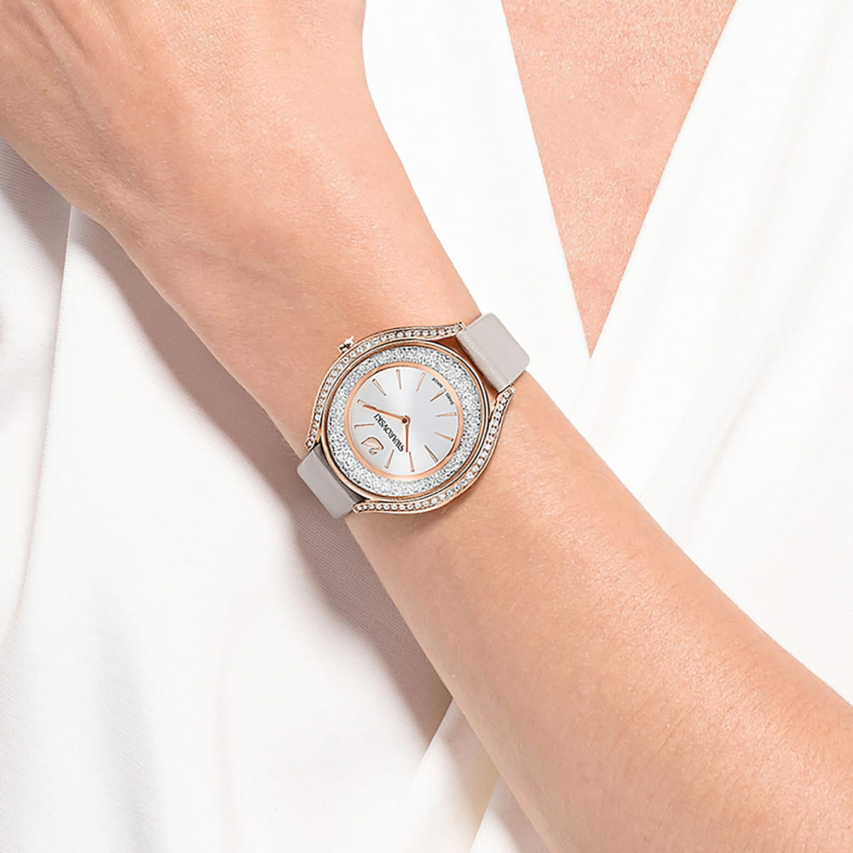  Shop Authentic Swarovski Crystalline Aura Silver Dial Beige Leather Strap Watch for Women - 5519450 - Luxxuri