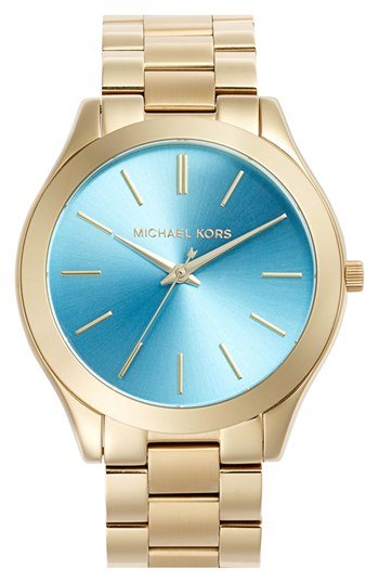  Shop Authentic Michael Kors Slim Runway Blue Dial Gold Steel Strap Watch for Women - MK3265 - Luxxuri