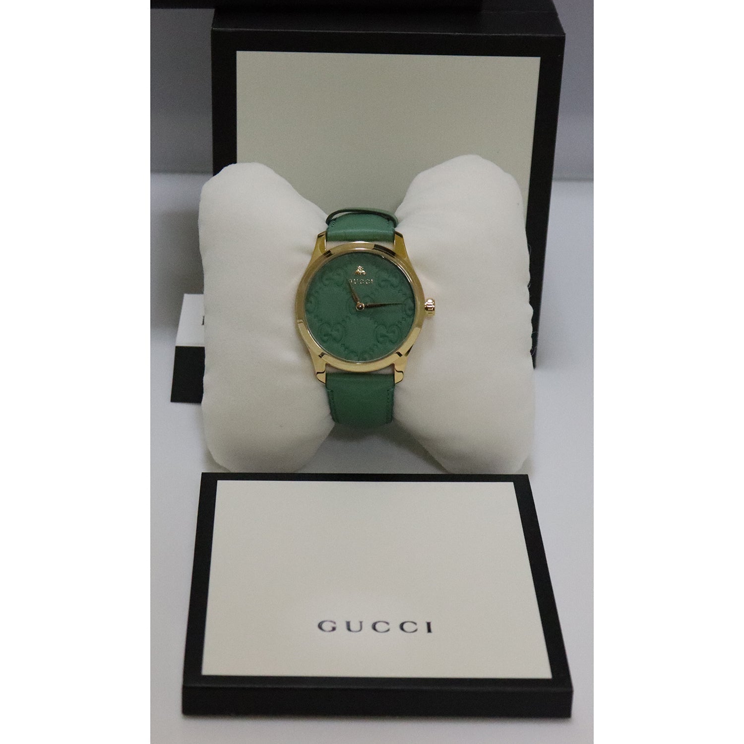  Shop Authentic Gucci G Timeless Quartz Green Dial Green Leather Strap Watch For Women - YA1264099 - Luxxuri