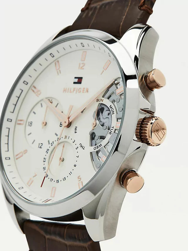  Shop Authentic Tommy Hilfiger Baker Chronograph White Dial Brown Leather Strap Watch For Men - 1710450 - Luxxuri