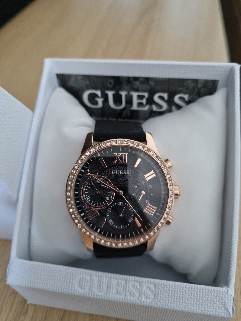  Shop Authentic Guess Solar 40mm Black & Rose Gold Dial Black Rubber Strap Watch For Women - W1135L4 - Luxxuri