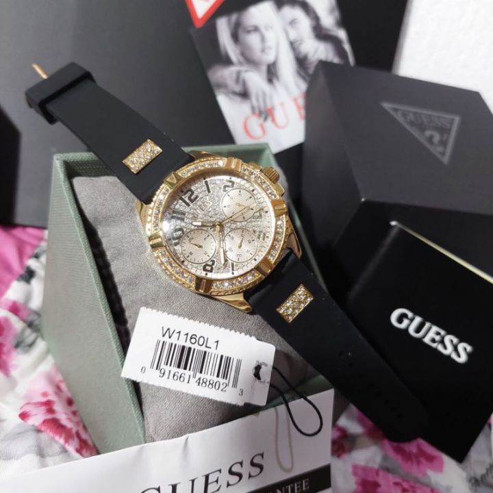  Shop Authentic Guess Frontier Diamonds Gold Dial Black Rubber Strap Watch For Women - W1160L1 - Luxxuri