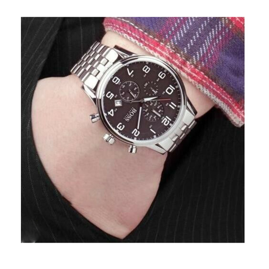  Shop Authentic Hugo Boss Aeroliner Chronograph Quartz Black Dial Silver Steel Strap Watch For Men - HB1512446 - Luxxuri