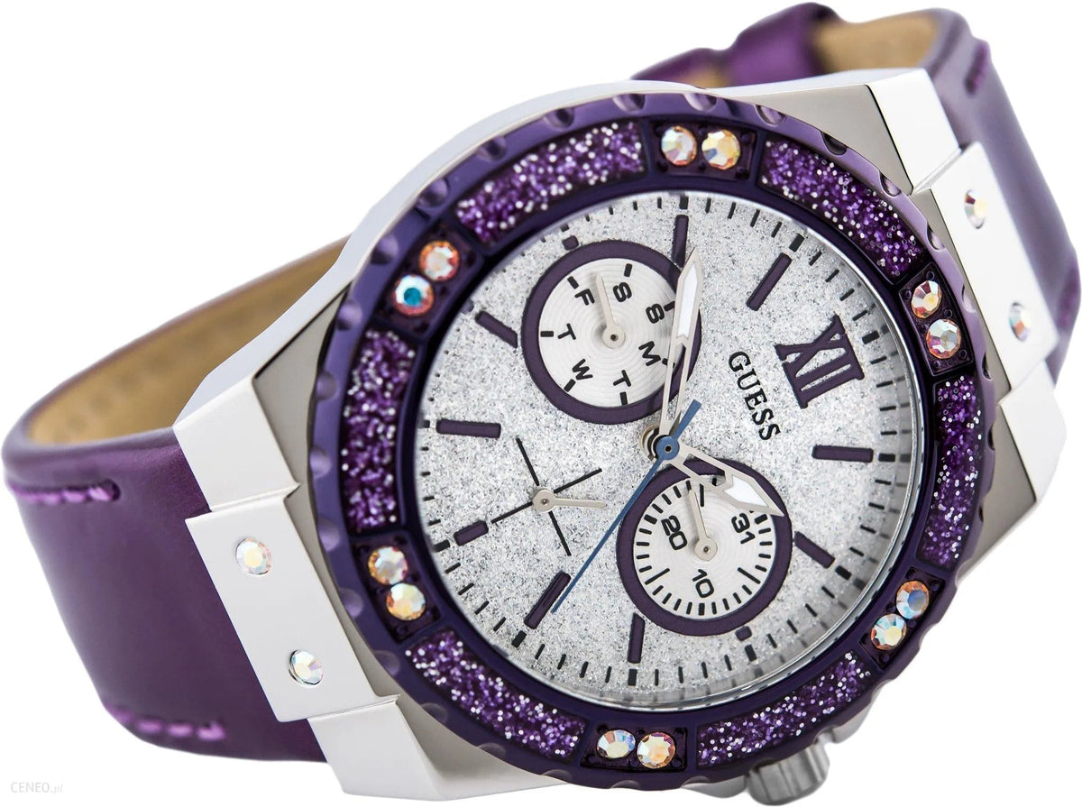  Shop Authentic Guess Limelight Quartz Silver Dial Purple Leather Strap Watch For Women - W0775L6 - Luxxuri