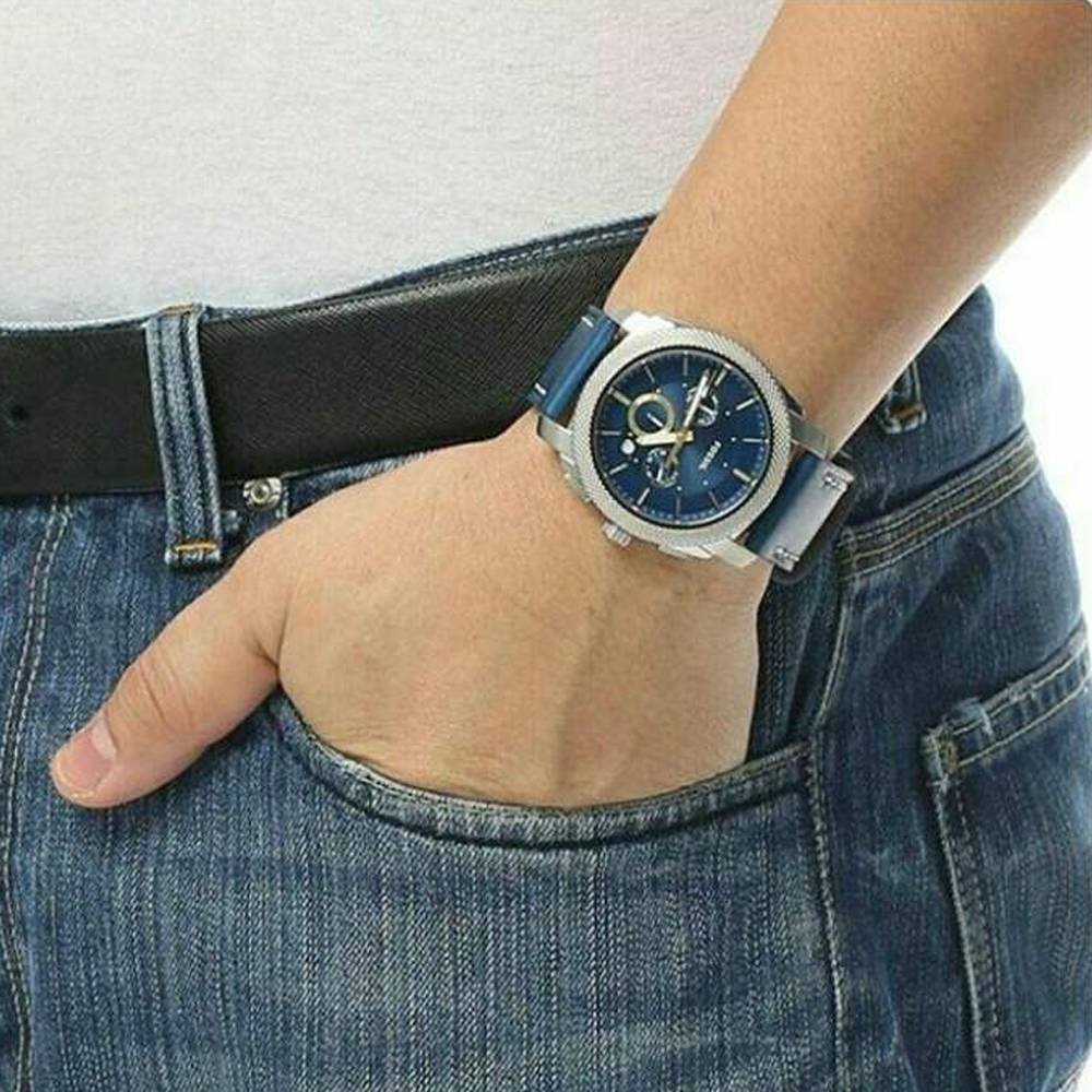 Shop Authentic Fossil Machine Chronograph Blue Dial Blue Leather Strap Watch for Men - FS5262 - Luxxuri