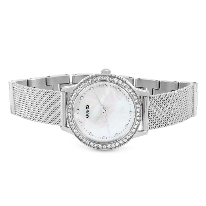  Shop Authentic Guess Chelsea Mother of Pearl White Dial Silver Mesh Strap Watch For Women - W0647L1 - Luxxuri