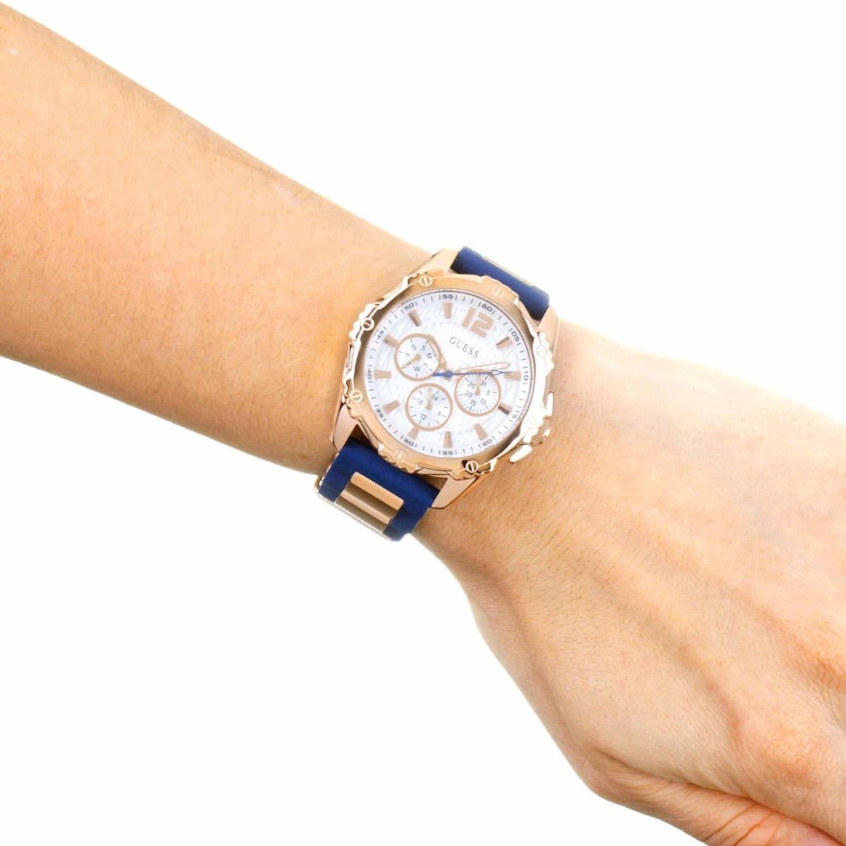  Shop Authentic Guess Interpid White & Rose Gold Dial Blue Silicone Strap Watch For Women - W0325L8 - Luxxuri