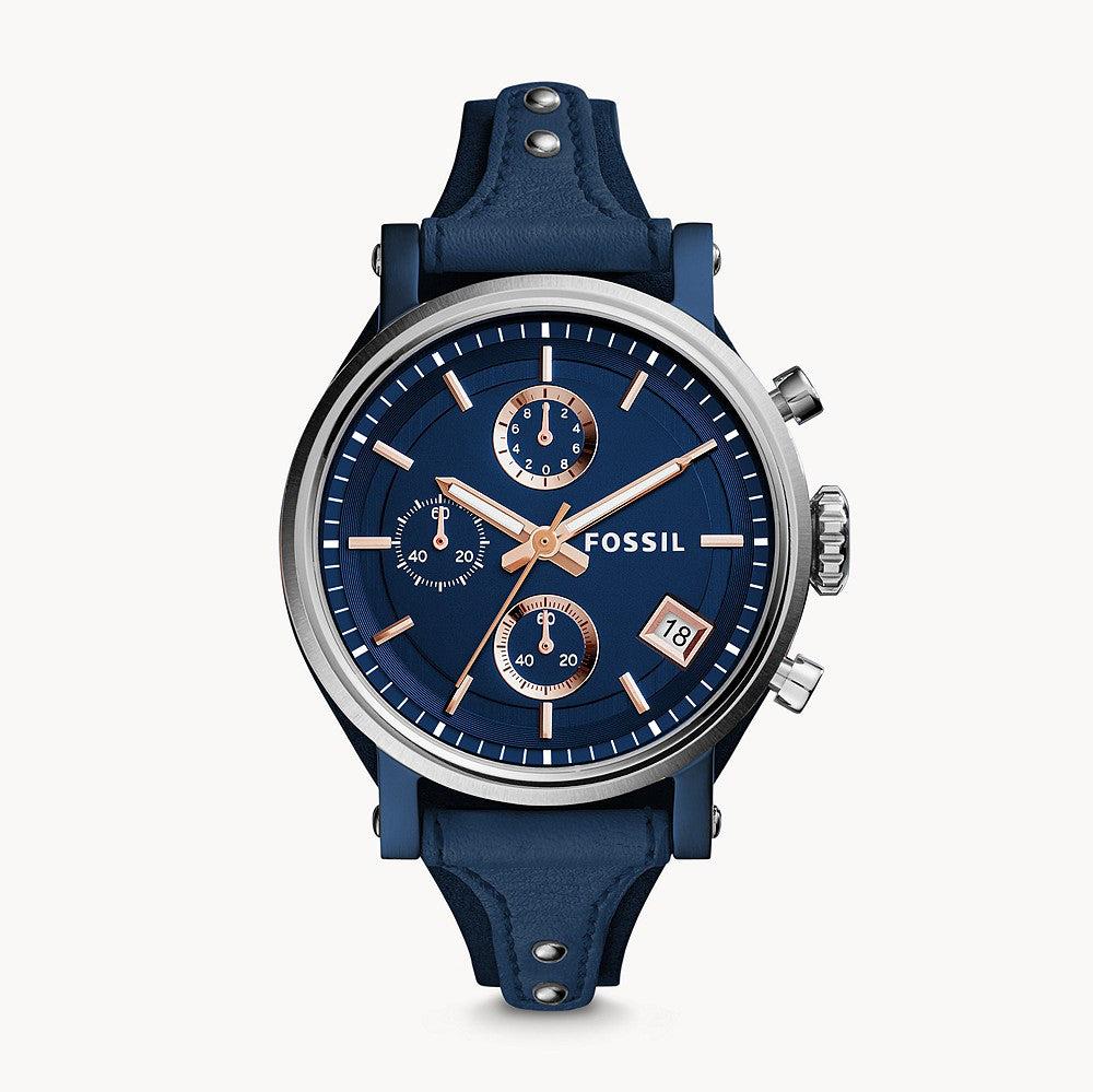  Shop Authentic Fossil Boyfriend Sport Chronograph Blue Dial Blue Leather Strap Watch for Women - ES4113 - Luxxuri