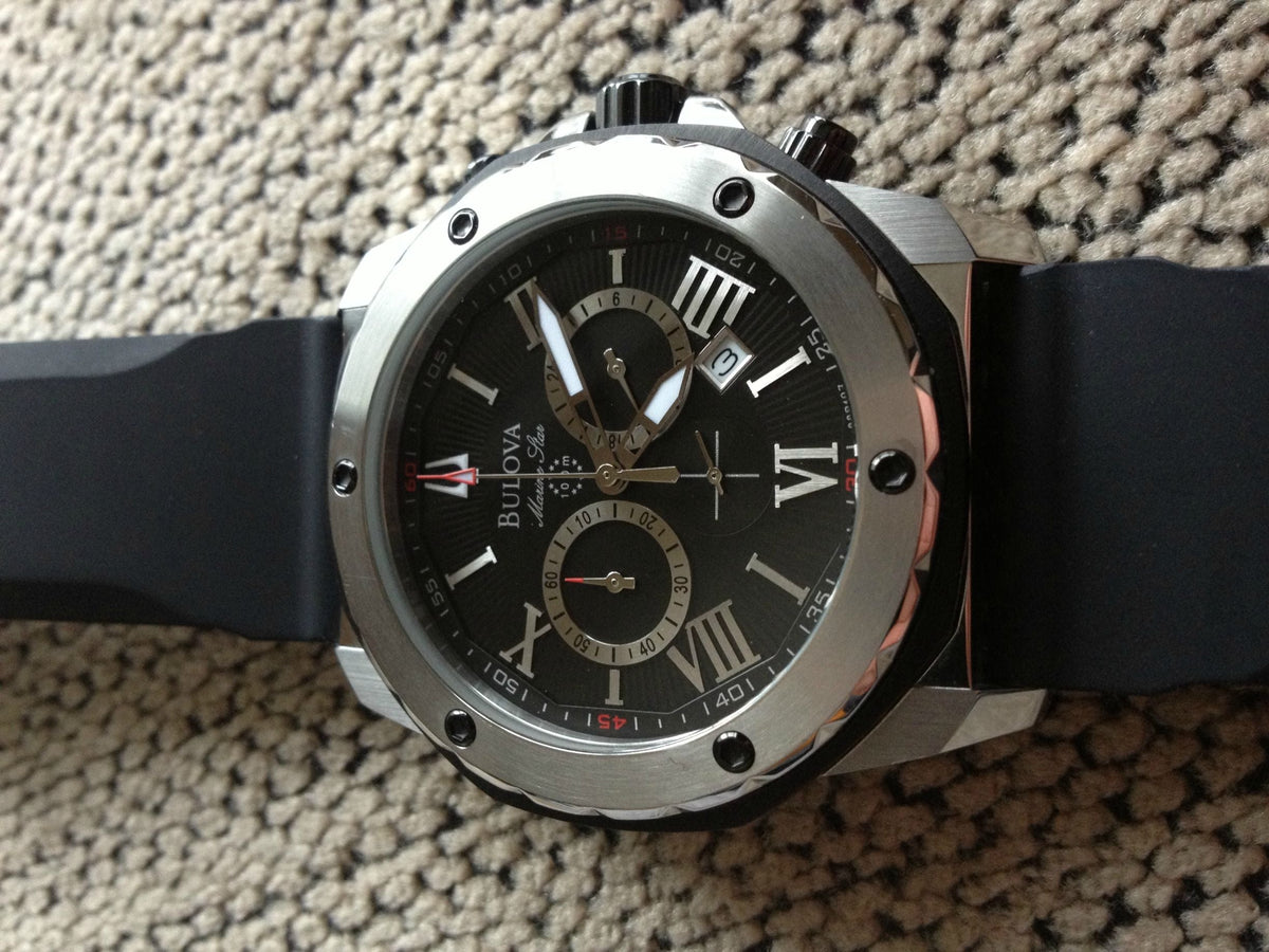  Shop Authentic Bulova Marine Star Chronograph Black Dial Black Rubber Strap Watch for Men - 98B127 - Luxxuri