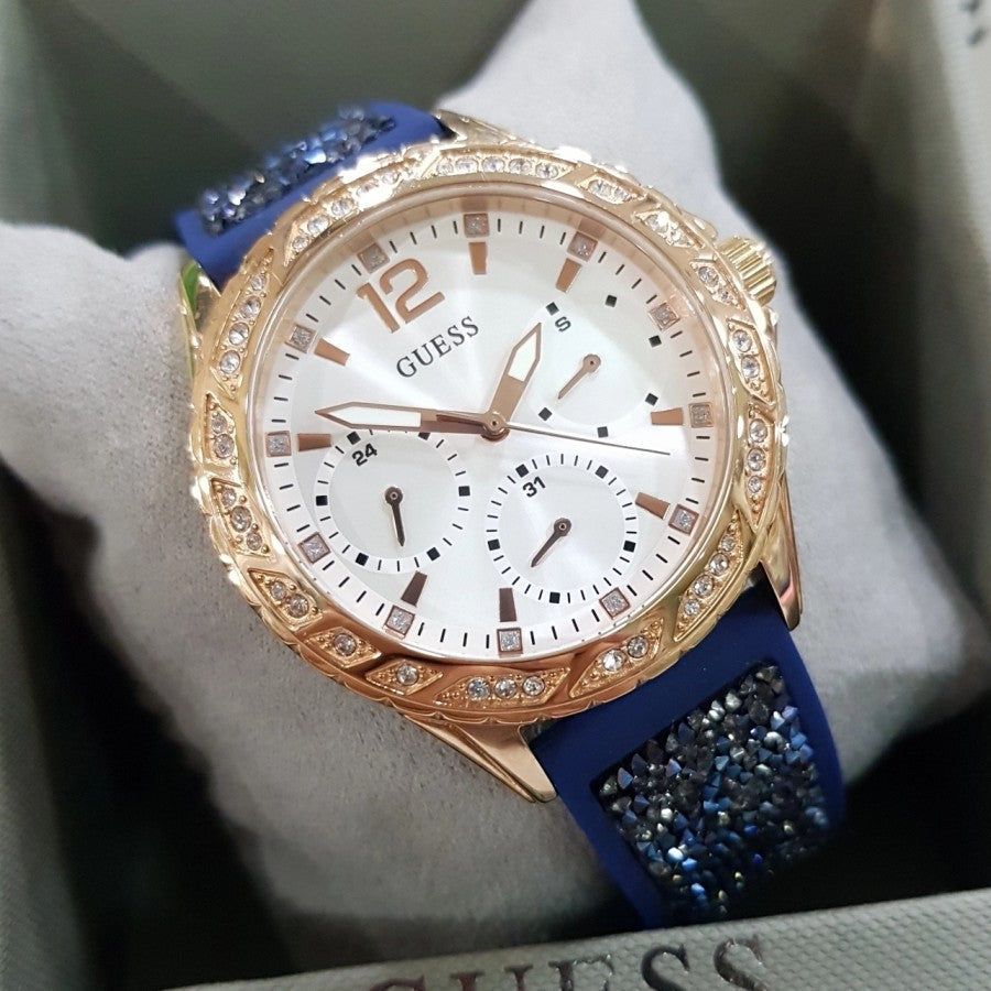  Shop Authentic Guess Swirl Analog Quartz White Dial Blue Rubber Strap Watch for Women - W1096L4 - Luxxuri