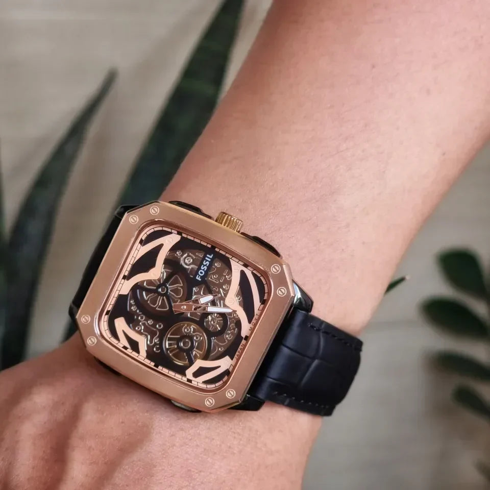  Shop Authentic Fossil Inscription Automatic Skeleton Rose Gold Dial Black Leather Strap Watch for Men - BQ2572 - Luxxuri