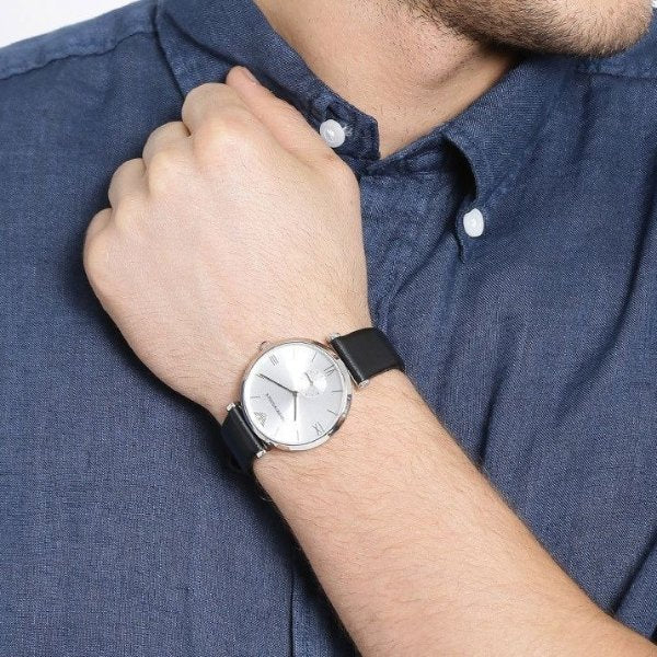  Shop Authentic Emporio Armani Retro Analog Quartz Silver Dial Black Leather Strap Watch For Men - AR1674 - Luxxuri