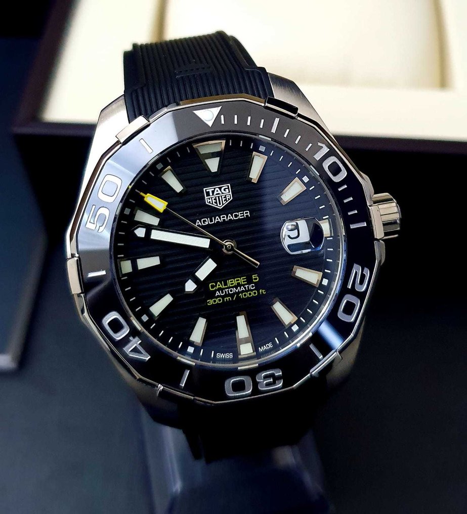  Shop Authentic Tag Heuer Aquaracer Calibre 5 Automatic Black Dial Black Rubber Strap Watch for Men - WAY201A.FT6142 - Luxxuri