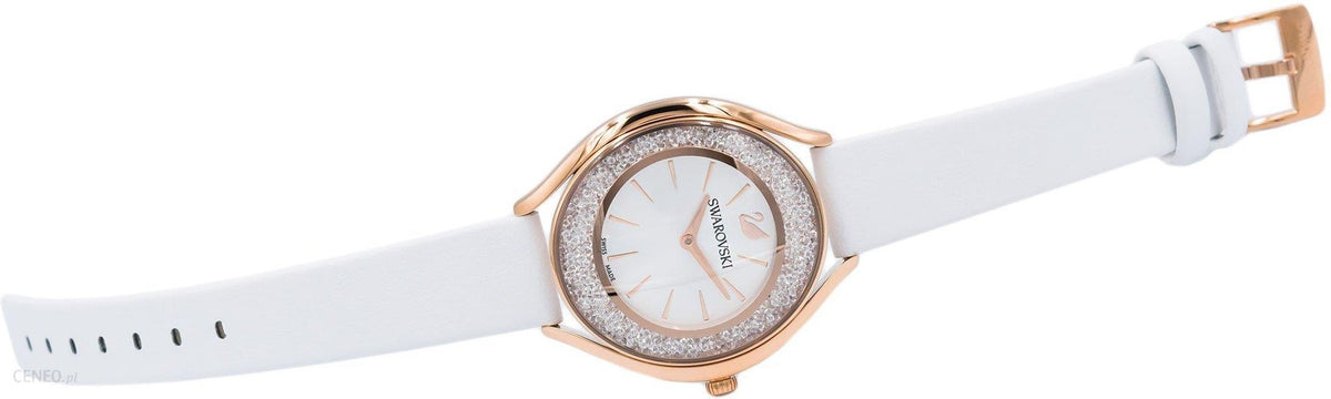  Shop Authentic Swarovski Crystalline Aura Silver Dial White Leather Strap Watch for Women - 5519453 - Luxxuri