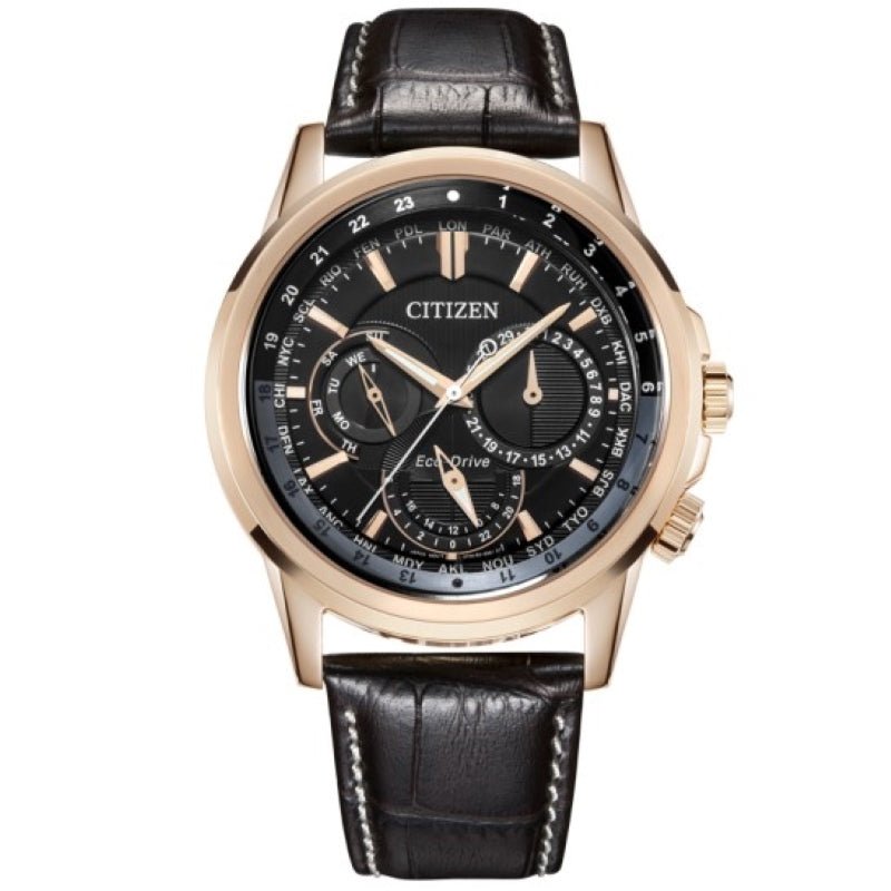  Shop Authentic Citizen Eco Drive Calendrier Black Dial Brown Leather StrapWatch For Men - BU2023-12E - Luxxuri