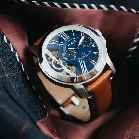  Shop Authentic Fossil Grant Twist Multifunction Blue Dial Brown Leather Strap Watch for Men - ME1161 - Luxxuri