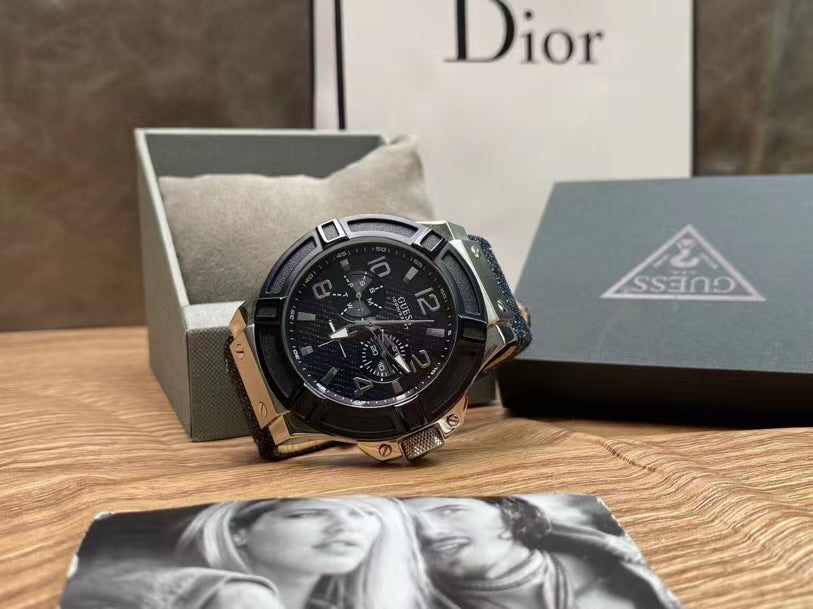  Shop Authentic Guess Indovina Quartz Black Dial Black Leather Strap Watch For Men - W0040G9 - Luxxuri