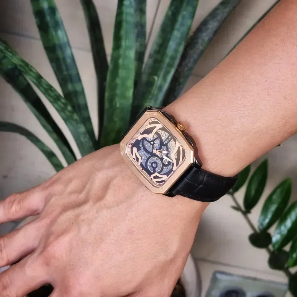  Shop Authentic Fossil Inscription Automatic Skeleton Rose Gold Dial Black Leather Strap Watch for Men - BQ2572 - Luxxuri