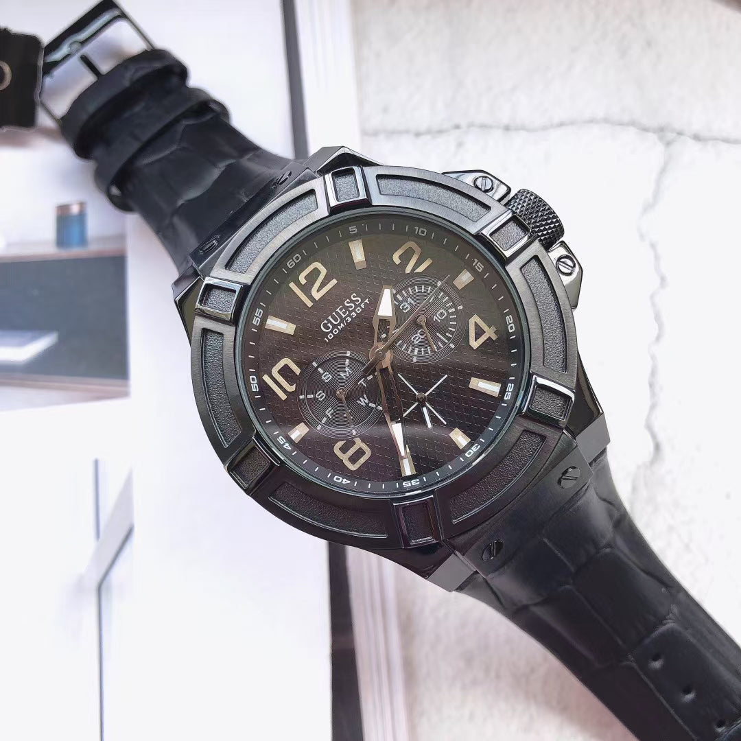  Shop Authentic Guess Rigor Analog Black Dial Black Leather Strap Watch For Men - W0040G1 - Luxxuri