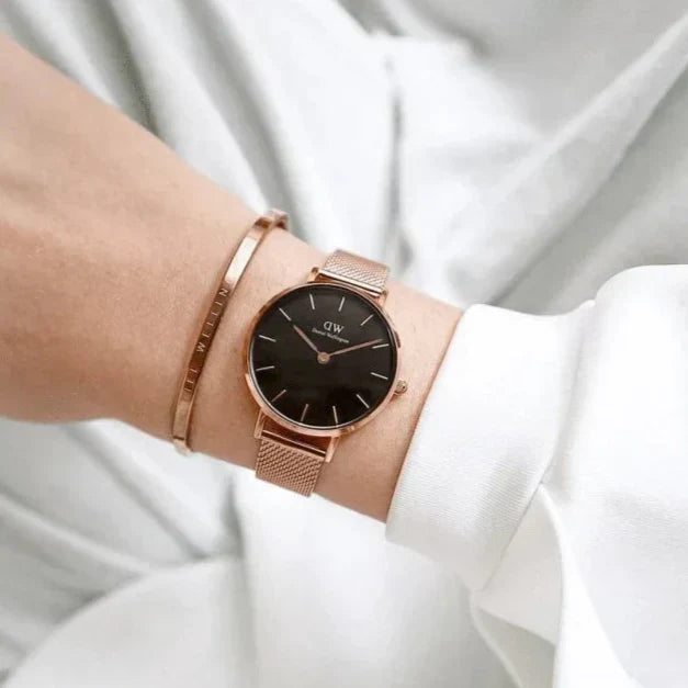  Shop Authentic Daniel Wellington Petite Melrose Black Dial Rose Gold Mesh Strap Watch For Women - DW00100303 - Luxxuri