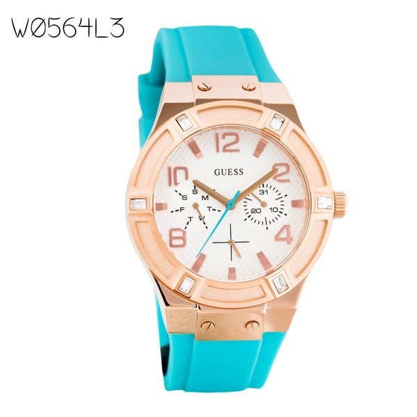  Shop Authentic Guess Jet Setter White Dial Turquoise Silicone Strap Watch For Women - W0564L3 - Luxxuri