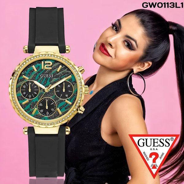  Shop Authentic Guess Solstice Green Dial Black Rubber Strap Watch for Women - GW0113L1 - Luxxuri