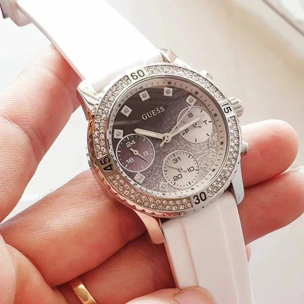  Shop Authentic Guess Confetti Crystal Black Dial White Silicone Strap Watch For Women - W1098L1 - Luxxuri