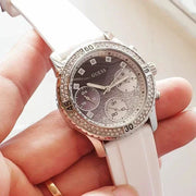  Shop Authentic Guess Confetti Crystal Black Dial White Silicone Strap Watch For Women - W1098L1 - Luxxuri