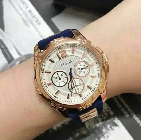  Shop Authentic Guess Interpid White & Rose Gold Dial Blue Silicone Strap Watch For Women - W0325L8 - Luxxuri