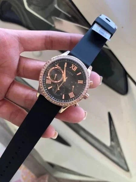  Shop Authentic Guess Solar 40mm Black & Rose Gold Dial Black Rubber Strap Watch For Women - W1135L4 - Luxxuri