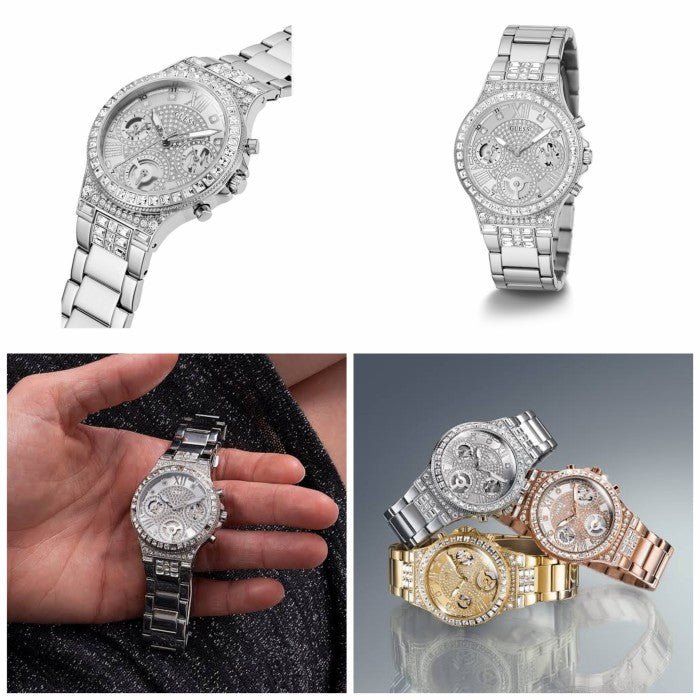  Shop Authentic Guess Moonlight Multi Function Diamonds Silver Dial Silver Steel Strap Watch for Women - GW0320L1 - Luxxuri