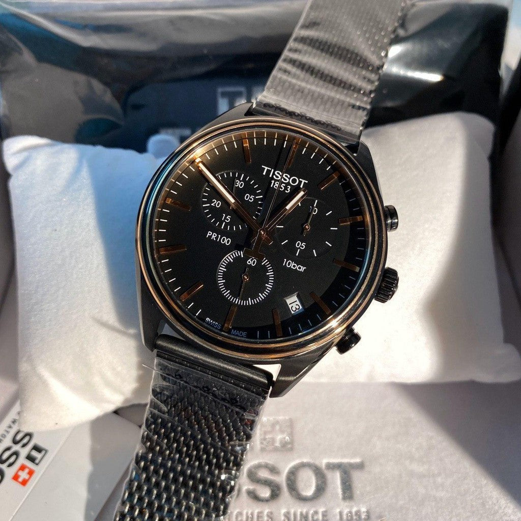  Shop Authentic Tissot T Classic PR 100 Chronograph Anthracite Black Dial Black Mesh Bracelet Watch For Men - T101.417.23.061.00 - Luxxuri