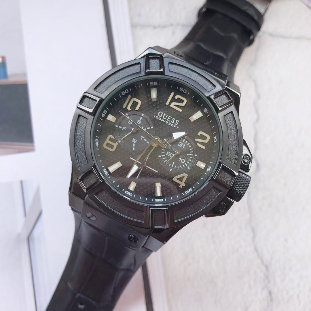  Shop Authentic Guess Rigor Analog Black Dial Black Leather Strap Watch For Men - W0040G1 - Luxxuri