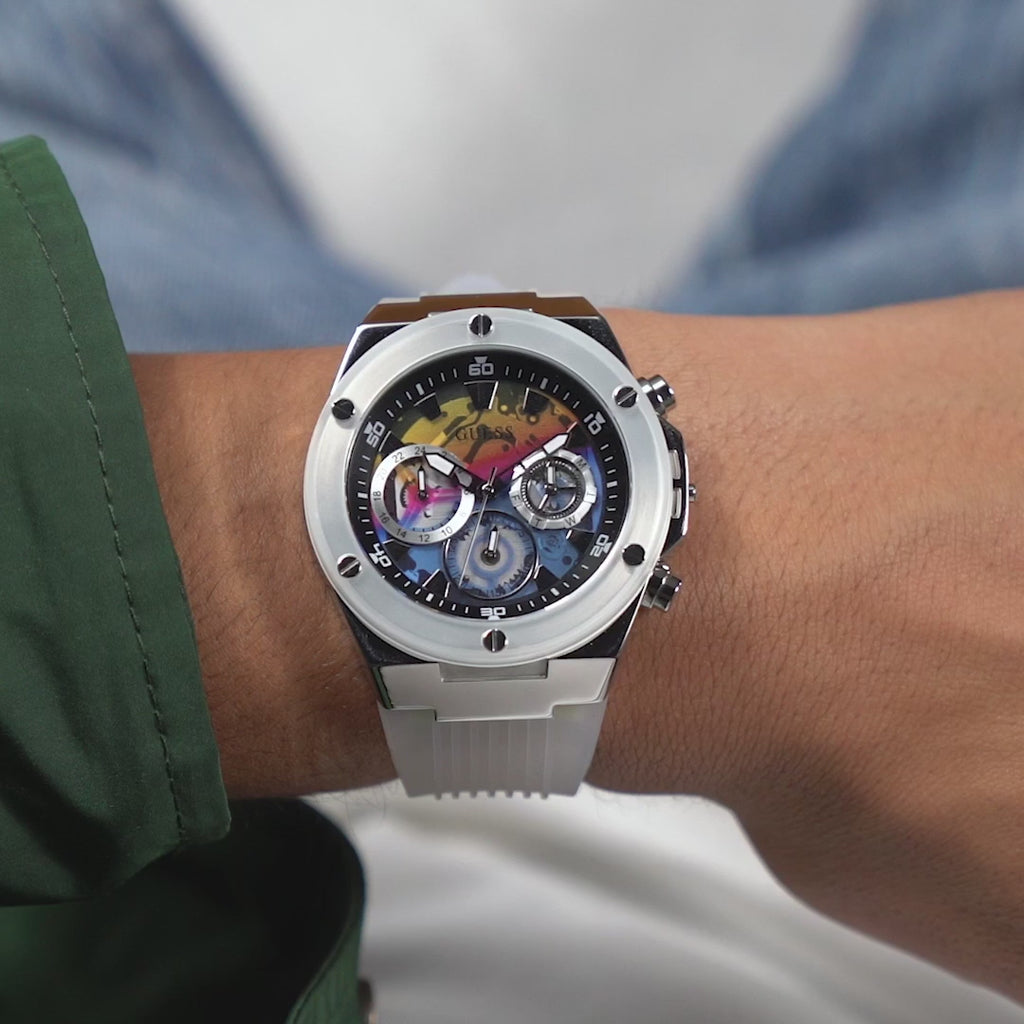  Shop Authentic Guess Poseidon Chronograph Rainbow Dial White Silicone Strap Watch For Men - GW0425G4 - Luxxuri