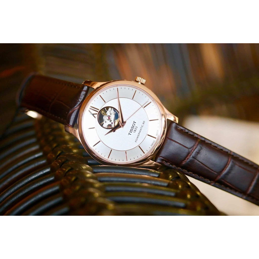  Shop Authentic Tissot Tradition Powermatic 80 Open Heart Silver Dial Brown Leather Strap Watch For Men - T063.907.36.038.00 - Luxxuri