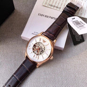  Shop Authentic Emporio Armani Epoca White Skeletal Dial Black Leather Strap Watch For Men - AR2073 - Luxxuri